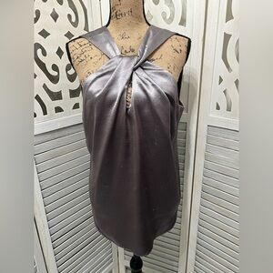 Ramy Brook Silver Metallic Gray Silk Satin Criss Cross Top